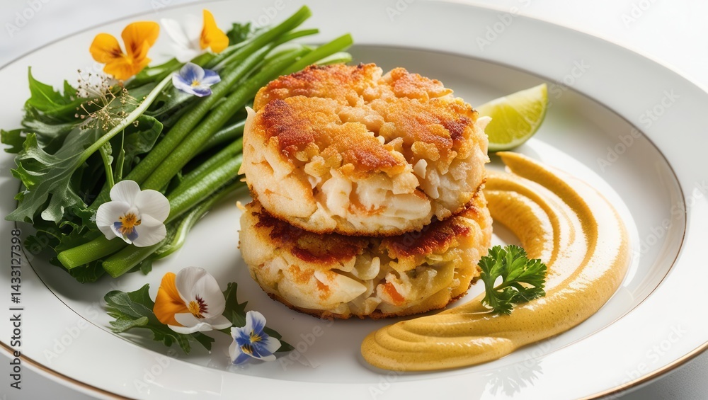Delicious crab cakes with fresh vegetables gourmet dining indoor restaurant elegant presentation Delicious crab cakes with fresh vegetables gourmet dining indoor restaurant elegant presentation