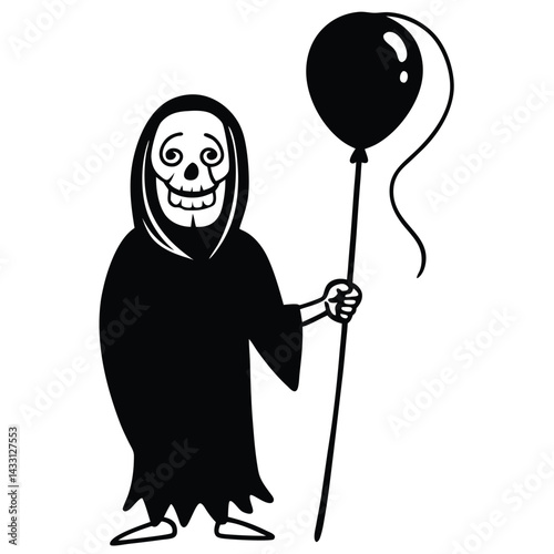 A grim reaper holding a balloon, spooky yet funny, white background
