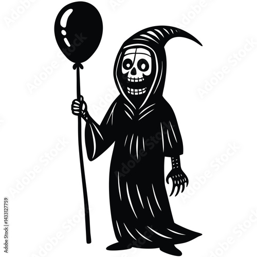 A grim reaper holding a balloon, spooky yet funny, white background