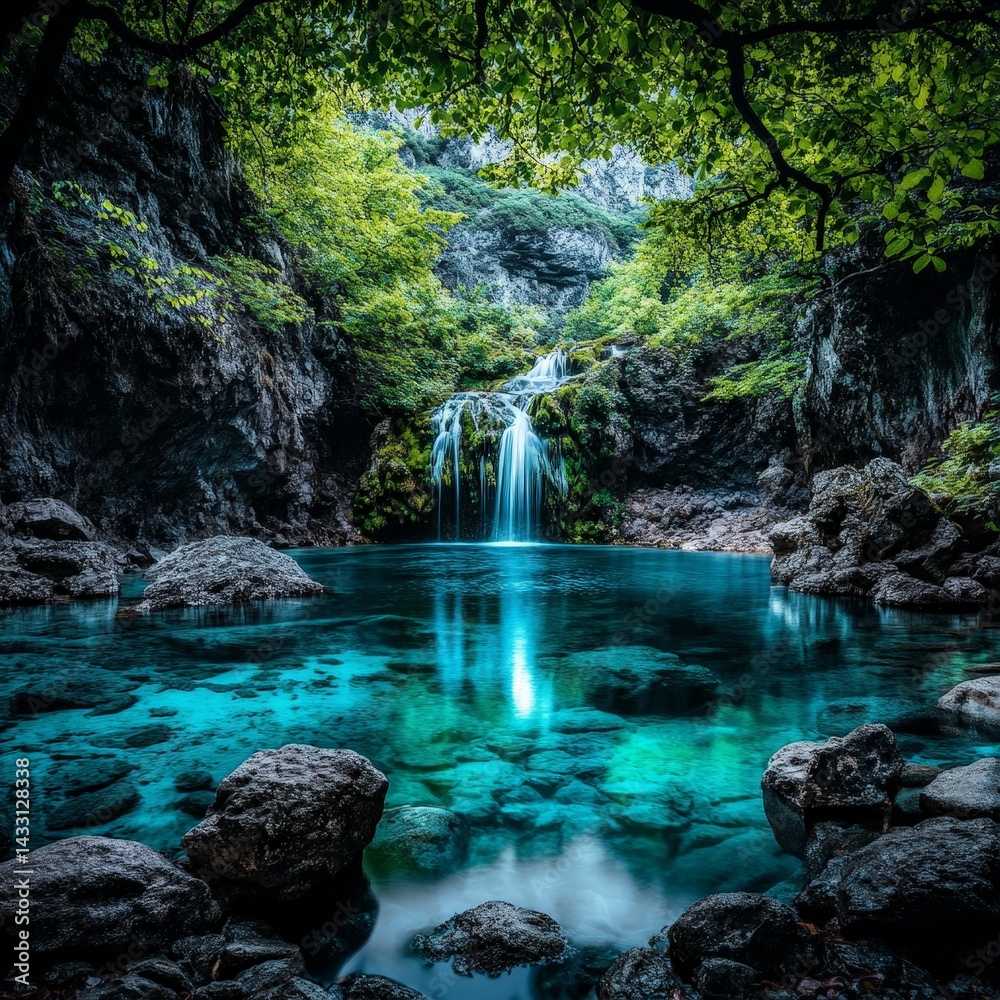 Naklejka premium Serene Jungle Waterfall with Lush Greenery and Turquoise Pool in a Natural Paradise