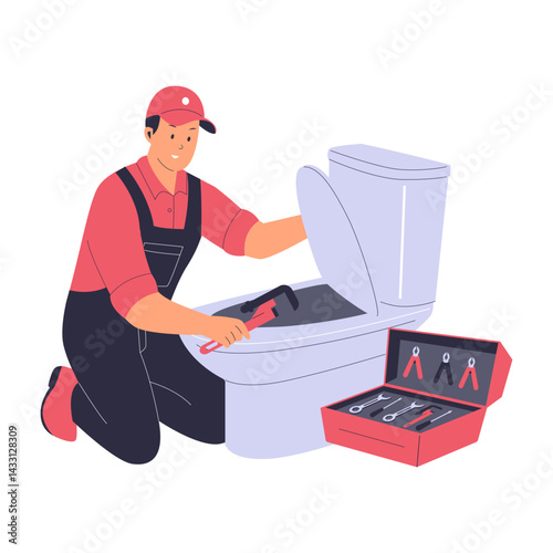 Plumber Fixing Toilet with Tools Illustration. Illustration for website, landing page, mobile app, poster and banner. Trendy flat vector illustration