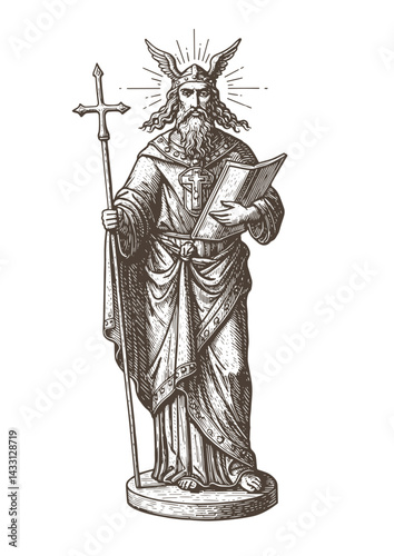majestic bearded figure in a flowing robe, crowned with wings, holding a staff and an ancient book.