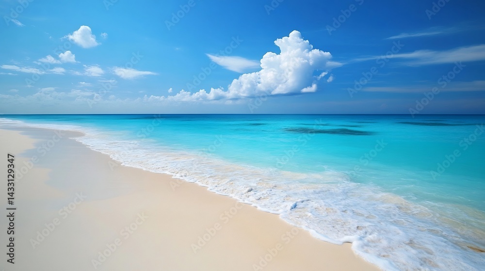 Serene Beachscape: Azure Waters, White Sand, and Fluffy Clouds Serene Beachscape: Azure Waters, White Sand, and Fluffy Clouds