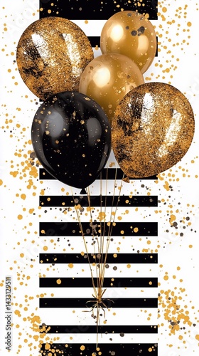 
A birthday party invitation template with black and white stripes, gold glitter balloons, and the The background is a striped pattern with an empty space for event details or incorporates black and w