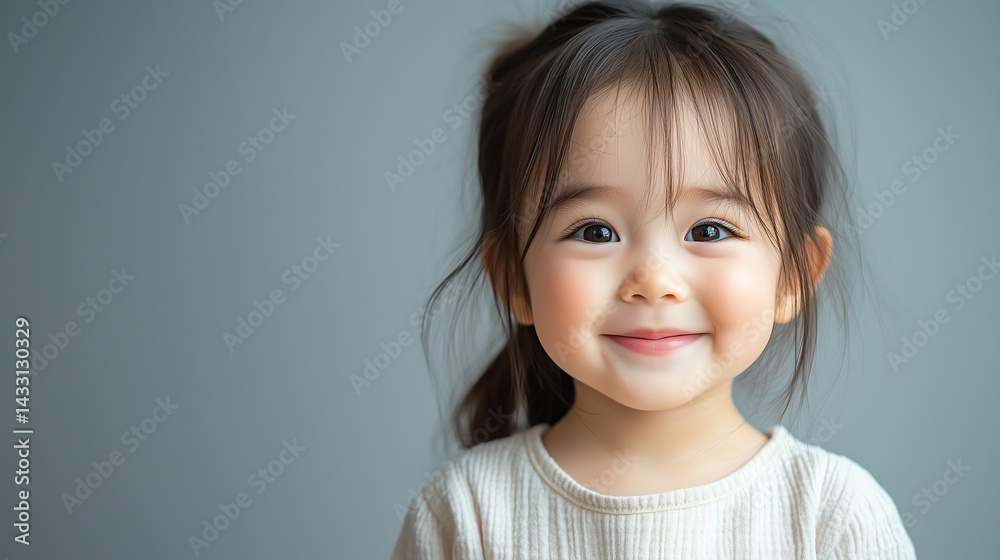 Happy Asian toddler girl smiling, isolated on a gray banner with minimalistic style Happy Asian toddler girl smiling, isolated on a gray banner with minimalistic style