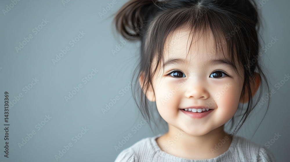 Happy Asian toddler girl smiling, isolated on a gray banner with minimalistic style Happy Asian toddler girl smiling, isolated on a gray banner with minimalistic style