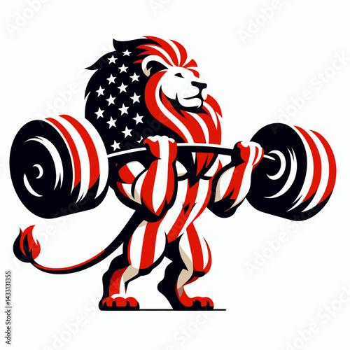 lion wear american flag a playful lift. Funny Animal Vector Clip art. Feline sporting stars and stripes joyful upward thrust.