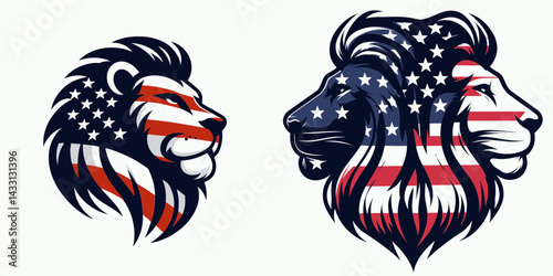 lion wear american flag Cheek to Cheek. Funny Animal Vector Clip art. Feline donning patriotic banner face face animalia symbolic intimacy.