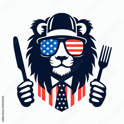 lion wear american flag eat taco. Funny Animal Vector Clip art. Feline dons stars and stripes devouring mexican cuisine patriotic beast chow.