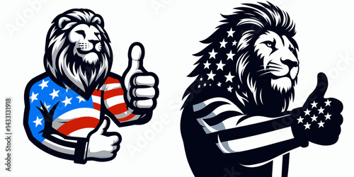 lion wear american flag making a thumb up gesture. Funny Animal Vector Clip art. Feline sporting star spangled banner doing okay sign patriotic mammal image.