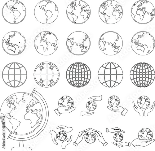 Black Gray globe earth vector shaped bundle. World map art and illustration of different outlined presentation on white background. Earth icon bundle for web and print related use.