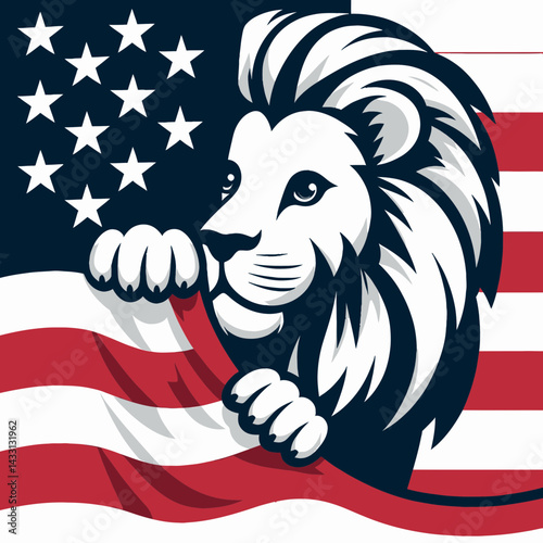 lion wear american flag peeking. Funny Animal Vector Clip art. Feline clothed in star-spangled banner glimpsing patriotic wildlife image.