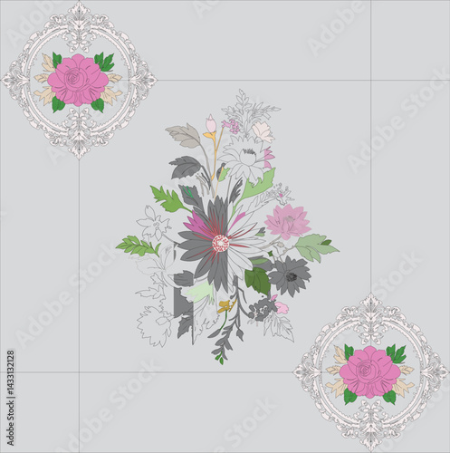 Flower tiles are a variety of flowers mixed with beautiful patterns around the light gray tile floor.original vector.