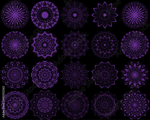 Horizontal mandala ornament set with Sacred Geometry Forms, . Vector illustration. Geometric Occult Design, Gold Alchemy Symbol, amethyst Witch on Black Background. Esoteric Prints template