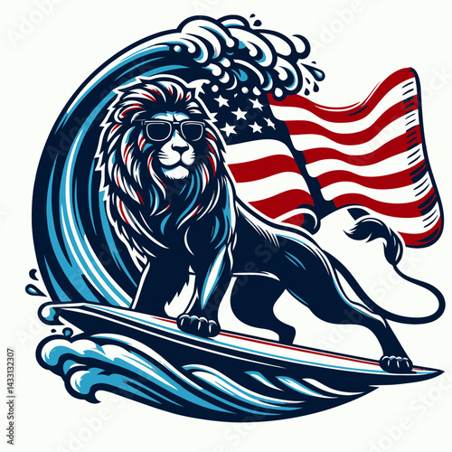 lion wear american flag wave Surfing. Funny Animal Vector Clip art. Feline donning stars and stripes banner ocean riding sport enjoyment.