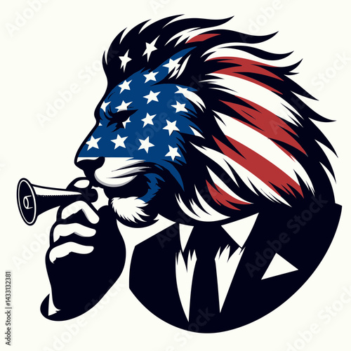 lion wear american flag Whispering Secrets. Funny Animal Vector Clip art. Big cat dons stars and stripes hushed lore patriot king sharing covert wisdom.