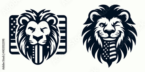 lion wear american flag Winking Face With Tongue. Funny Animal Vector Clip art. Feline sporting star-spangled banner garment playful protruded tongue.