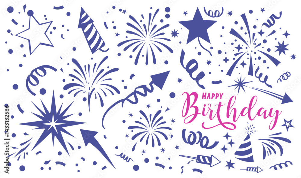 Obraz premium Happy Birthday Vector doodle elements Logo for banner, poster, social media