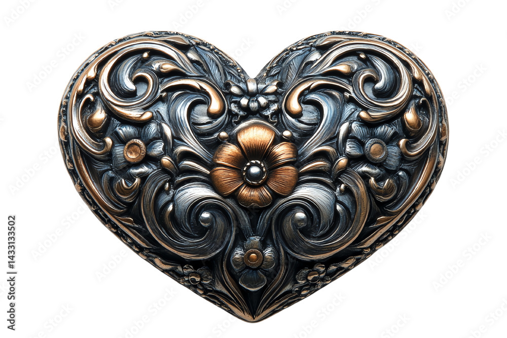 Ornate heart design with floral motifs, intricate detailing in dark and metallic tones, isolated on a white background. Ornate heart design with floral motifs, intricate detailing in dark and metallic tones, isolated on a white background.
