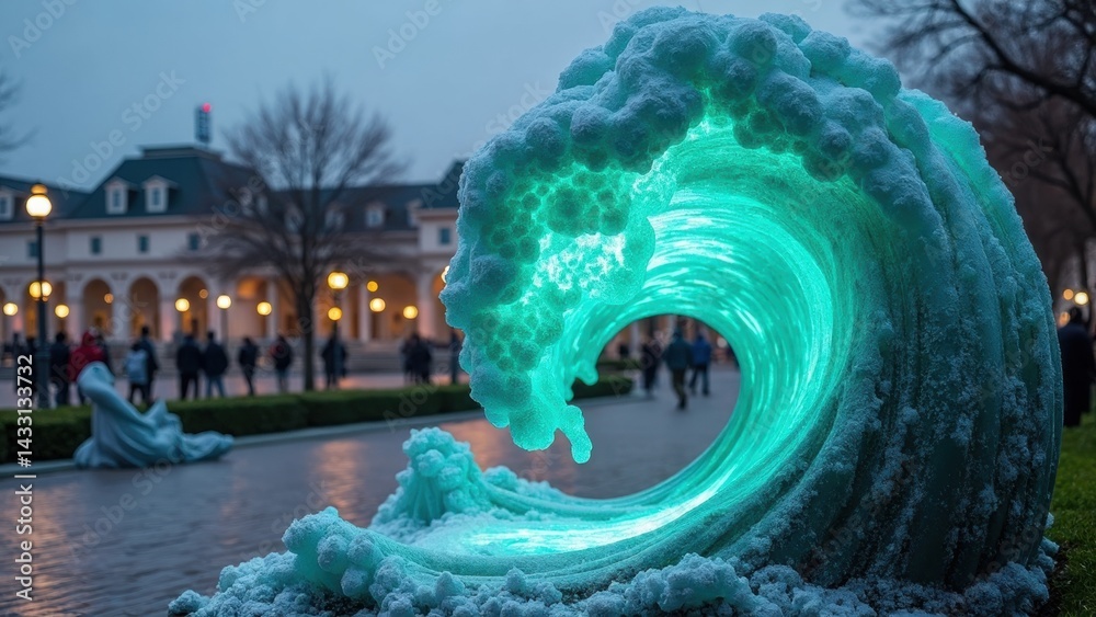 Large wave sculpture made of ice and neon lights. The sculpture is surrounded by people and buildings