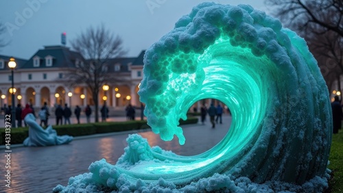 Obraz na płótnie Large wave sculpture made of ice and neon lights. The sculpture is surrounded by people and buildings w salonie