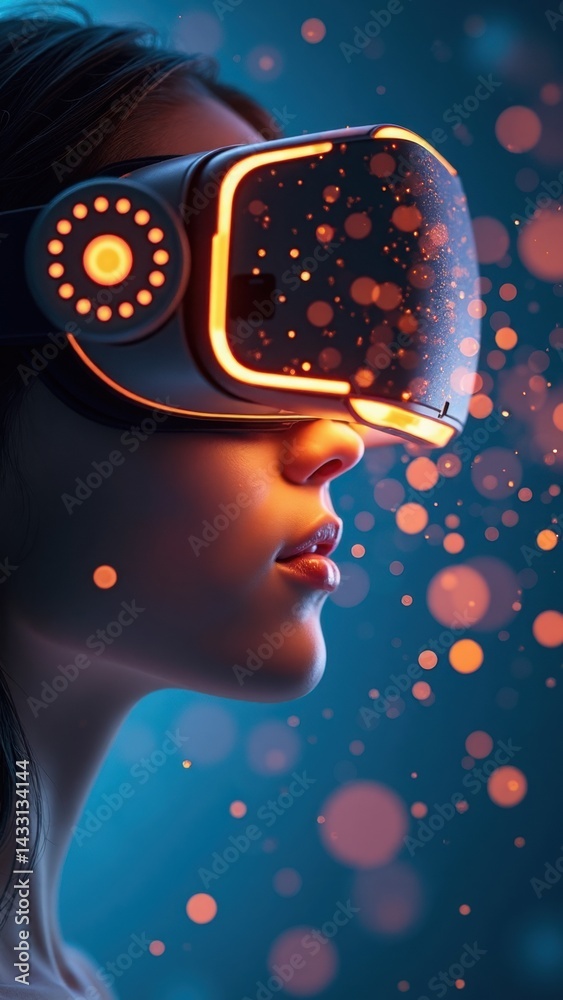 Woman is wearing a virtual reality headset and looking at the camera. The image has a futuristic and technological vibe, with the woman's face