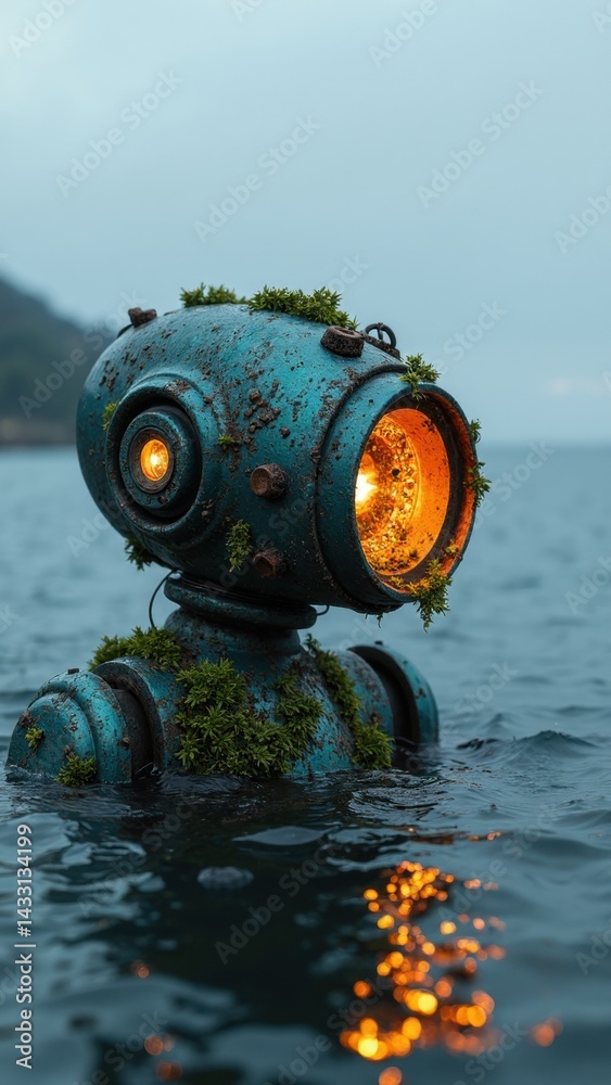 Robot is floating in the water with a light on its head. The robot is surrounded by green moss and he is in a surreal or dreamlike state