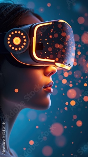 Obraz na płótnie Woman is wearing a virtual reality headset and looking at the camera. The image has a futuristic and technological vibe, with the woman's face w salonie