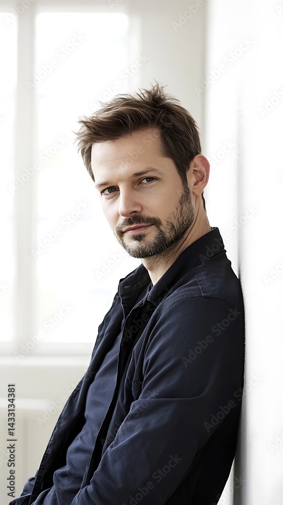 Man in a black shirt is leaning against a wall Man in a black shirt is leaning against a wall