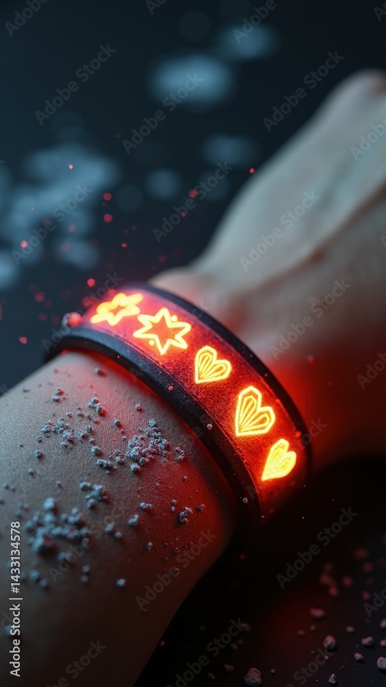 Wrist band with a heart and star on it. The heart is lit up and the star is lit up as well