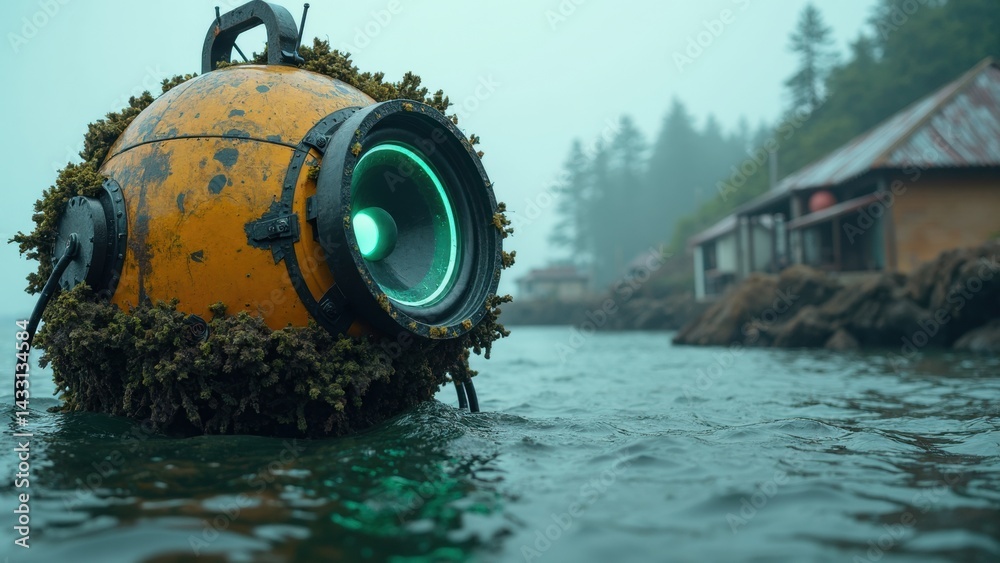 Yellow object with a green speaker on top is floating in the water. The scene is set in a lake with a house in the background