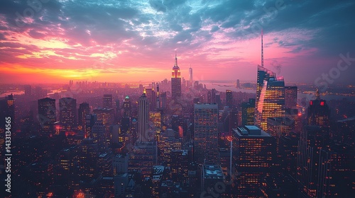 New York City Skyline at Sunset with Illuminated Skyscrapers and