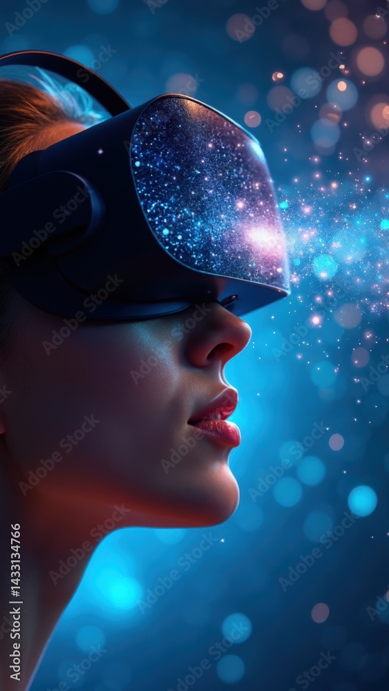 Woman is wearing a virtual reality headset and looking at a starry sky. The image captures the feeling of being transported to another world