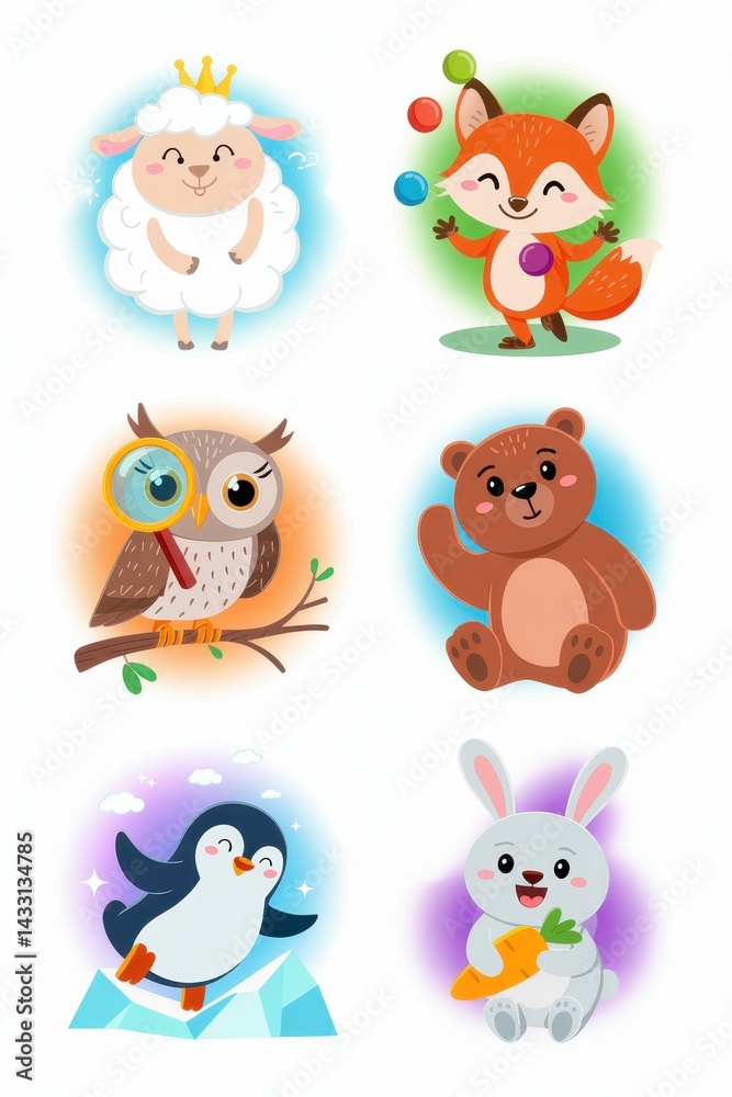 Naklejka premium Cute animal characters in a playful, colorful arrangement.