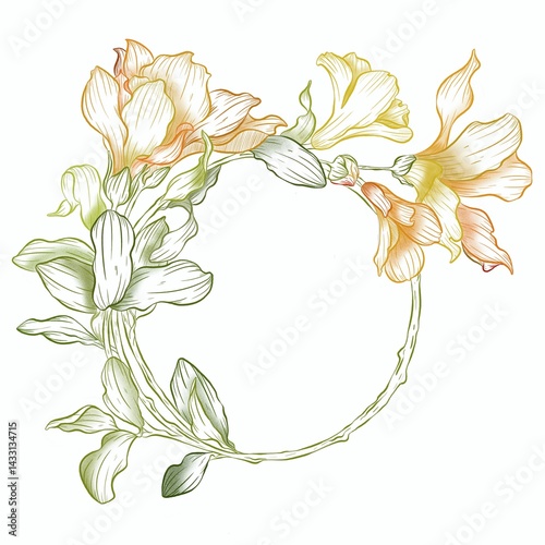 A vibrant, hand-drawn floral wreath in a sketch style, created with dry ink. The illustration features a variety of colorful flowers and leaves, arranged in a circular composition with delicate lines
