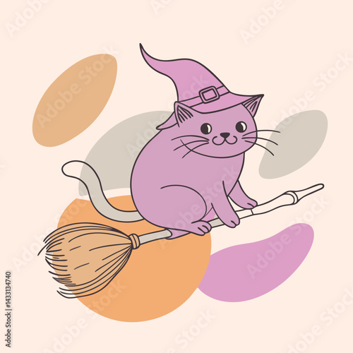 A witch cat flying on a broomstick, isolated cute illustration, white background 