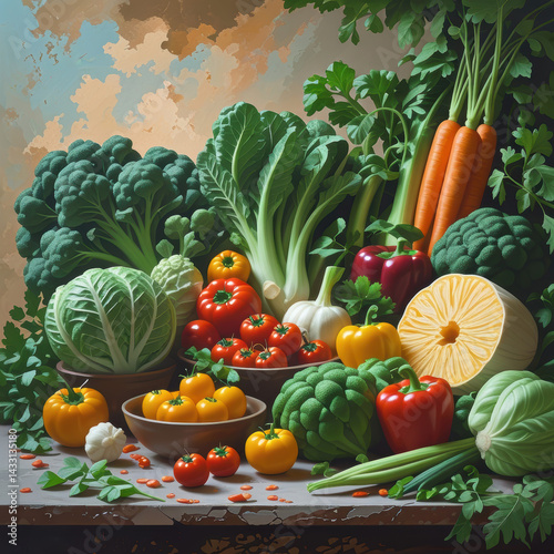 Vibrant Illustrated Market Scene Featuring Assorted Fresh Fruits and Vegetables
