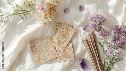 Vintage tarot cards with flowers, incense sticks and crystals on white fabric in sunlight, peaceful video scene