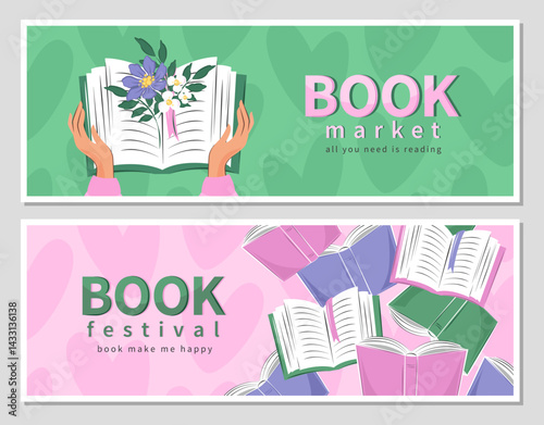 Horizontal banners for bookstore, festival, market, bookshop or library. Lots of books and spring flowers. Vector illustration for poster, cover, marketing, sale.