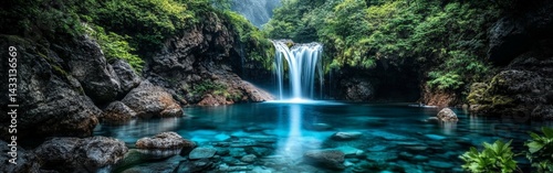 Serene Jungle Waterfall with Lush Greenery and Turquoise Pool in a Natural Paradise