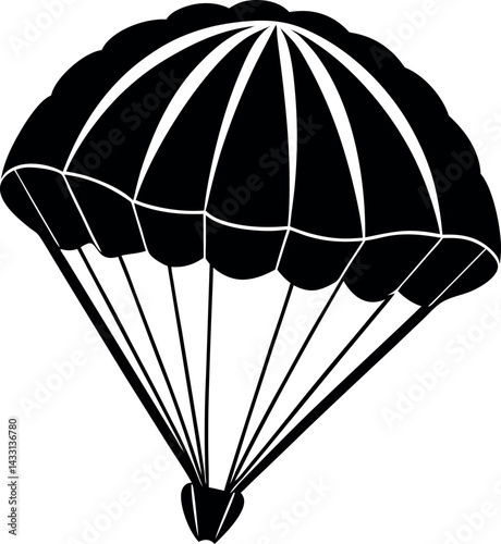 Skydiving Parachute Silhouette in Black | Aerial Drop Vector Icon for Adventure, Military & Sport