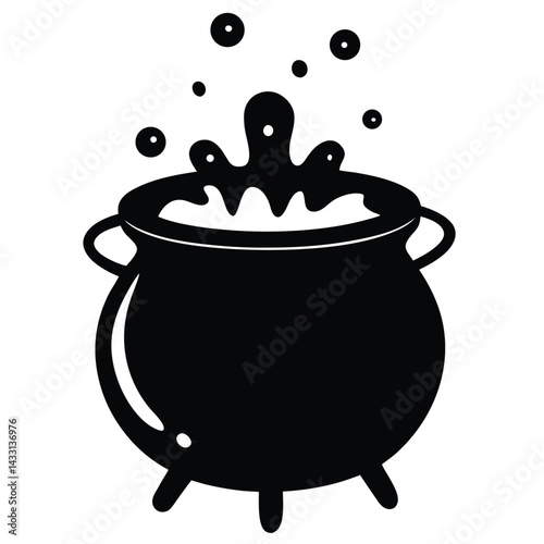 A witch's cauldron bubbling with green potion, cartoon vector, white background
