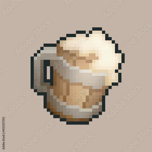 beer drink in the wooden mug with pixel art style and isolated background