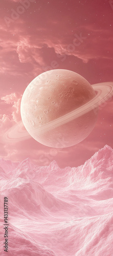 Obraz na płótnie A a light brown moon with rings is centered in the image, against a minimalist pink universe, minimalist style w salonie