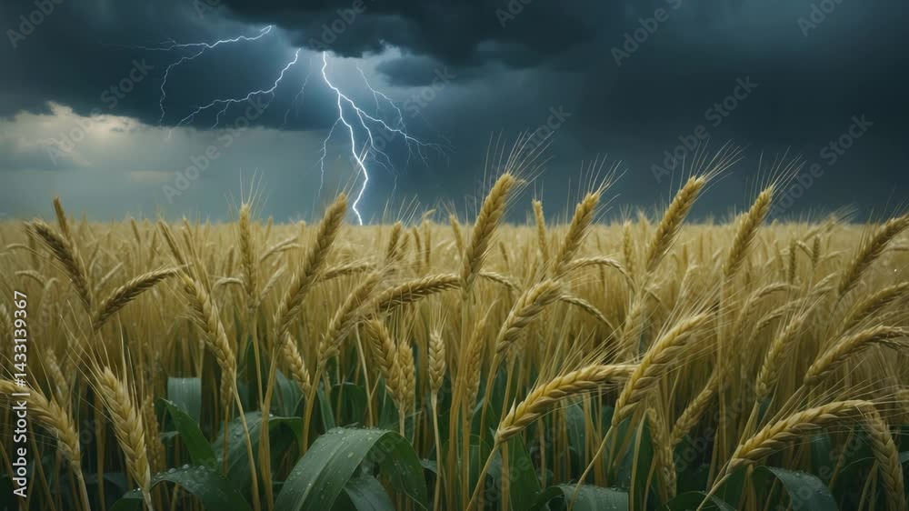 Summer farmland panorama with lightning and thunder over ripening wheat and corn fields