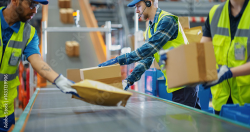 Schilderij op canvas In a Modern Sorting Center Facility, Diverse Workers in Safety Vests Loading Parcels Onto a Conveyor, Efficiently Working Together as a Team