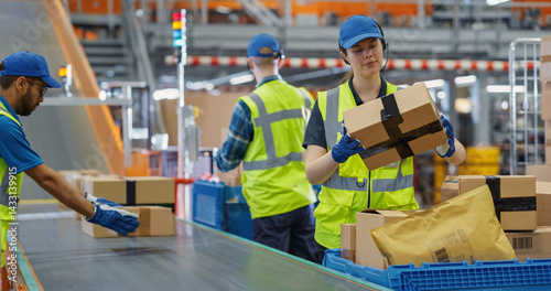 Quadro su tela Factory Employees Placing Boxes with Products on an Automated Production Line, Moving Goods to a Logistics Center