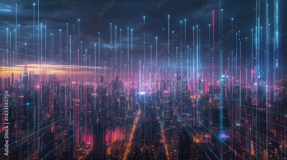 Fototapeta premium Futuristic cityscape interwoven with a network of digital connections.