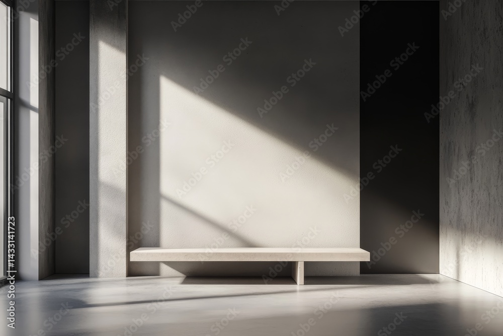 Fototapeta premium Modern minimalist interior featuring a light wood bench.