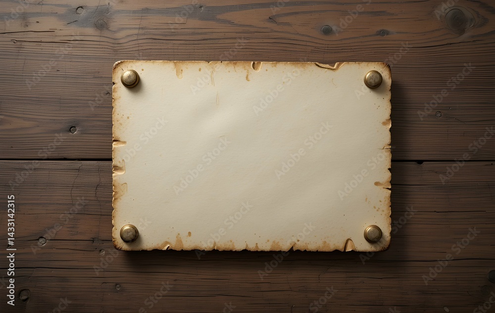 Fototapeta premium Rustic Parchment Sign Mockup on Weathered Wooden Planks